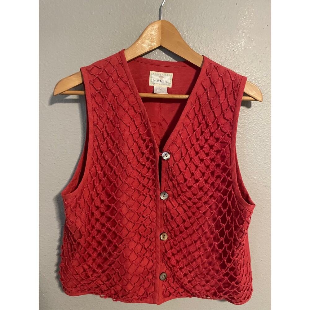 Vintage Susan Bristol Vest Womens Medium Red Linen Crochet Button Lined Boho 90s